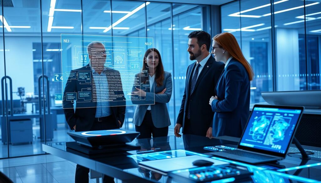 A futuristic digital workspace showcasing the concept of Natural Language Processing (NLP) and its interaction with human intelligence. In the foreground, a diverse group of professionals (two men and one woman) in business attire, engaged in a collaborative discussion over a holographic interface displaying complex language data visualizations. The middle ground features a sleek, modern desk with advanced AI tools and devices, an illuminated screen showcasing NLP algorithms. The background is a high-tech office environment with glass walls, filled with soft blue and white lighting that casts a vibrant glow, creating a feeling of innovation and possibility. The overall mood is one of collaboration, intelligence, and advanced technology, emphasizing the synergy between human intellect and artificial intelligence in language processing.