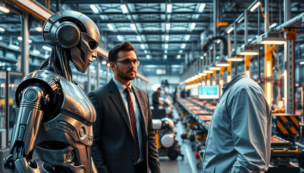 A futuristic industrial scene showcasing robotics in Industry 4.0. In the foreground, a sleek humanoid robot with a metallic finish and intricate designs is interacting with a human technician, both wearing modern professional attire. The middle ground features automated machinery and robotic arms working seamlessly alongside traditional assembly lines, demonstrating collaboration between humans and machines. The background reveals a high-tech factory environment filled with digital displays and augmented reality interfaces, illuminated by bright, futuristic lighting that creates a vibrant atmosphere. The perspective is slightly angled from above, emphasizing the organized chaos of a cutting-edge production facility, encapsulating the essence of robotics in the evolving labor market. A futuristic industrial scene showcasing robotics in Industry 4.0. In the foreground, a sleek humanoid robot with a metallic finish and intricate designs is interacting with a human technician, both wearing modern professional attire. The middle ground features automated machinery and robotic arms working seamlessly alongside traditional assembly lines, demonstrating collaboration between humans and machines. The background reveals a high-tech factory environment filled with digital displays and augmented reality interfaces, illuminated by bright, futuristic lighting that creates a vibrant atmosphere. The perspective is slightly angled from above, emphasizing the organized chaos of a cutting-edge production facility, encapsulating the essence of robotics in the evolving labor market.