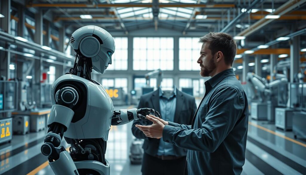 A futuristic industrial scene showcasing robots and humans collaborating in a high-tech manufacturing environment. In the foreground, a humanoid robot and a human worker in professional attire are engaged in an interactive task, demonstrating teamwork. The middle ground features advanced machinery, like automated assembly lines and robotic arms, with glowing panels and displays indicating data analysis. The background illustrates a spacious, well-lit factory floor with large windows allowing natural light to filter in, creating a bright and optimistic atmosphere. Soft blue and white lighting enhances the technology-driven feel, while a wide-angle perspective captures the dynamic composition of collaboration in Industry 4.0. The overall mood is innovative and productive, emphasizing harmony between humans and robotics.