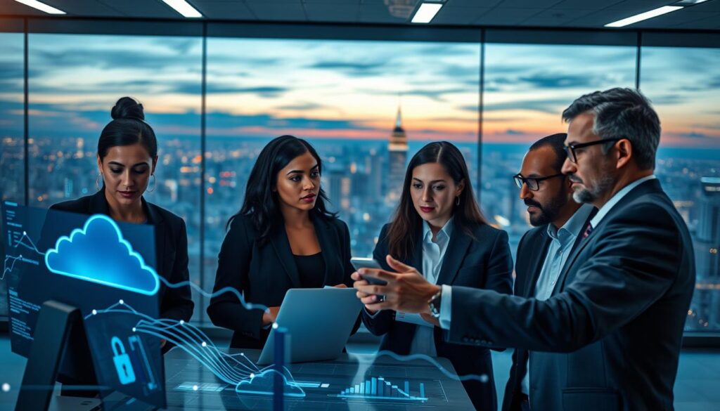 A futuristic office environment showcasing data management and security in the digital age. In the foreground, a diverse group of professionals, including a Black woman and a Middle-Eastern man, are intently discussing data analytics on sleek, high-tech screens. They wear modern business attire, exuding professionalism and focus. In the middle ground, digital clouds and flowing data streams, depicted as glowing lines, symbolize cloud storage and information flow, while a transparent firewall protects the data. The background features a panoramic view of a city skyline illuminated at dusk, representing the vast reach of digital technology. Soft, ambient lighting enhances a sense of innovation and security, with a slight lens flare to suggest advanced technology in action. The overall atmosphere is one of collaboration and forward-thinking in data security.
