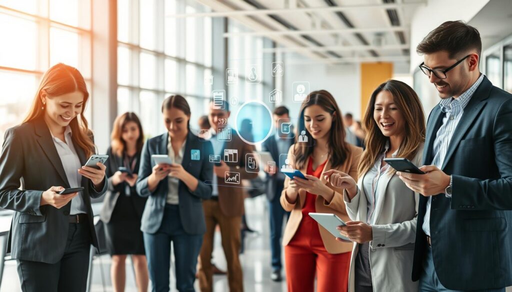 A futuristic office environment showcasing the impacts of digital growth on user behavior. In the foreground, a diverse group of professionals, including a woman in a sleek business suit and a man in smart casual attire, are engaged with various digital devices like smartphones and tablets, their expressions reflecting curiosity and engagement. In the middle, holographic data visualizations and icons representing apps and digital interactions are projected in mid-air, demonstrating a shift in user interaction patterns. The background features a modern, open-concept office with large windows letting in soft natural light, suggesting a dynamic and innovative workspace. The atmosphere is bright and optimistic, capturing the essence of a digital transformation era. The composition is vivid and inviting, with a focus on the interplay between technology and human interaction. A futuristic office environment showcasing the impacts of digital growth on user behavior. In the foreground, a diverse group of professionals, including a woman in a sleek business suit and a man in smart casual attire, are engaged with various digital devices like smartphones and tablets, their expressions reflecting curiosity and engagement. In the middle, holographic data visualizations and icons representing apps and digital interactions are projected in mid-air, demonstrating a shift in user interaction patterns. The background features a modern, open-concept office with large windows letting in soft natural light, suggesting a dynamic and innovative workspace. The atmosphere is bright and optimistic, capturing the essence of a digital transformation era. The composition is vivid and inviting, with a focus on the interplay between technology and human interaction.