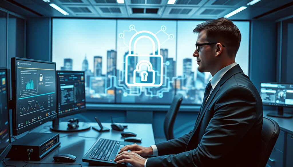 A futuristic office setting emphasizing cybersecurity and data protection. In the foreground, a skilled IT professional, dressed in business attire, is focused on multiple screens displaying security analytics and data encryption progress. In the middle ground, a sleek workstation is equipped with advanced technology—servers, monitors, and biometric devices. The background features a digital lock symbol overlaying a city skyline, representing data security in a connected world. The lighting is cool and professional, with blue tones enhancing a high-tech atmosphere. Capture a sense of vigilance and empowerment, highlighting the critical role of cybersecurity for beginners in a visually engaging manner.
