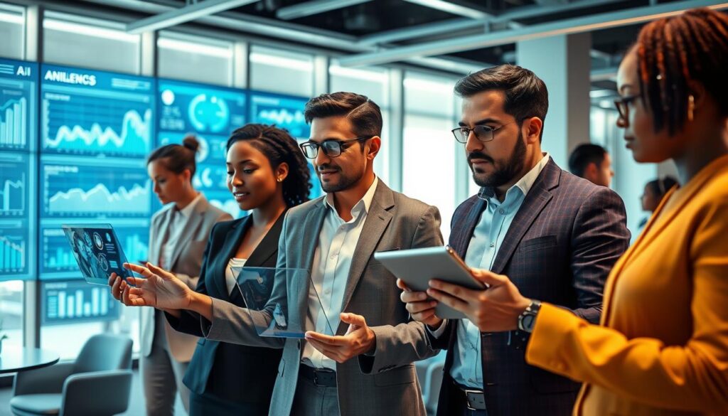 A futuristic office setting showcasing a diverse group of professionals, both men and women, engaged with various devices displaying artificial intelligence applications. In the foreground, a focused Black woman in professional attire analyzes data on a holographic screen, while a Hispanic man discusses insights with a tablet in hand. The middle ground features a large digital wall displaying graphs and real-time AI analytics, adding a high-tech feel. The background reveals a sleek office environment with modern furniture, large windows letting in soft, diffused natural light, creating a bright and optimistic atmosphere. The lens is wide, capturing the collaborative energy and innovative spirit of AI functionalities, emphasizing a sense of future technology enhancing human capabilities.