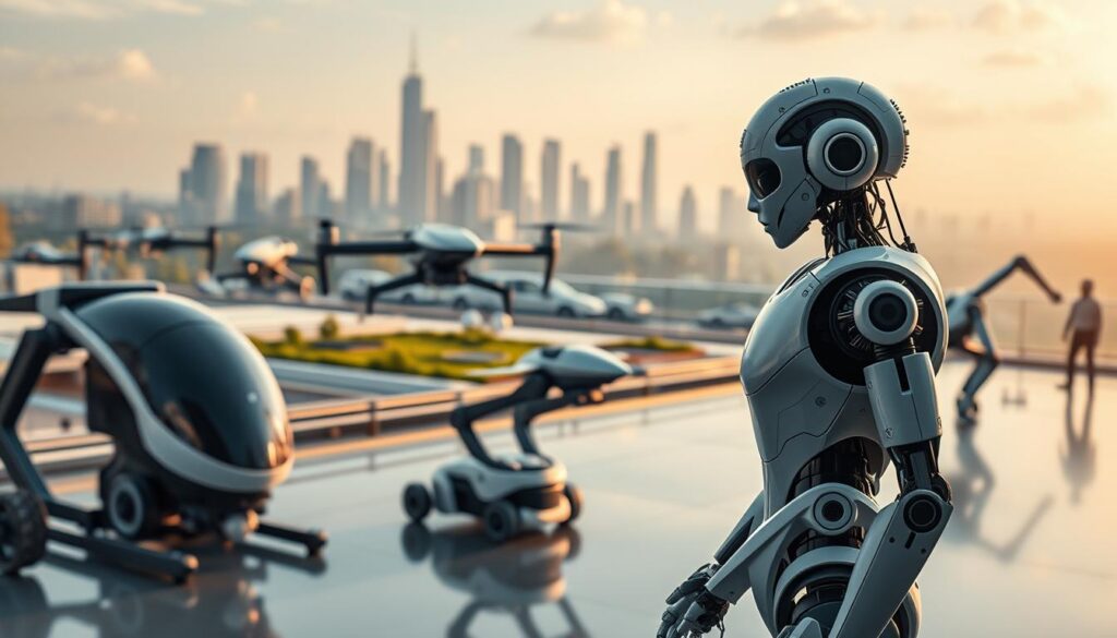 A futuristic scene showcasing autonomous robots navigating a modern environment, symbolizing the future trends in automation and robotics. In the foreground, a sleek, humanoid robot with advanced sensory equipment carefully interacts with its surroundings, demonstrating dexterity and intelligence. The middle ground features a diverse landscape of high-tech machines, including drones and robotic arms, working seamlessly together in an industrial setting. The background displays a city skyline with green spaces, emphasizing harmony between technology and nature. The atmosphere is bright and optimistic, with soft, diffused lighting that highlights the robots' metallic surfaces and the glossy urban architecture. Use a wide-angle lens perspective to create a dynamic composition, capturing the essence of innovation and collaboration in robotics. A futuristic scene showcasing autonomous robots navigating a modern environment, symbolizing the future trends in automation and robotics. In the foreground, a sleek, humanoid robot with advanced sensory equipment carefully interacts with its surroundings, demonstrating dexterity and intelligence. The middle ground features a diverse landscape of high-tech machines, including drones and robotic arms, working seamlessly together in an industrial setting. The background displays a city skyline with green spaces, emphasizing harmony between technology and nature. The atmosphere is bright and optimistic, with soft, diffused lighting that highlights the robots' metallic surfaces and the glossy urban architecture. Use a wide-angle lens perspective to create a dynamic composition, capturing the essence of innovation and collaboration in robotics.