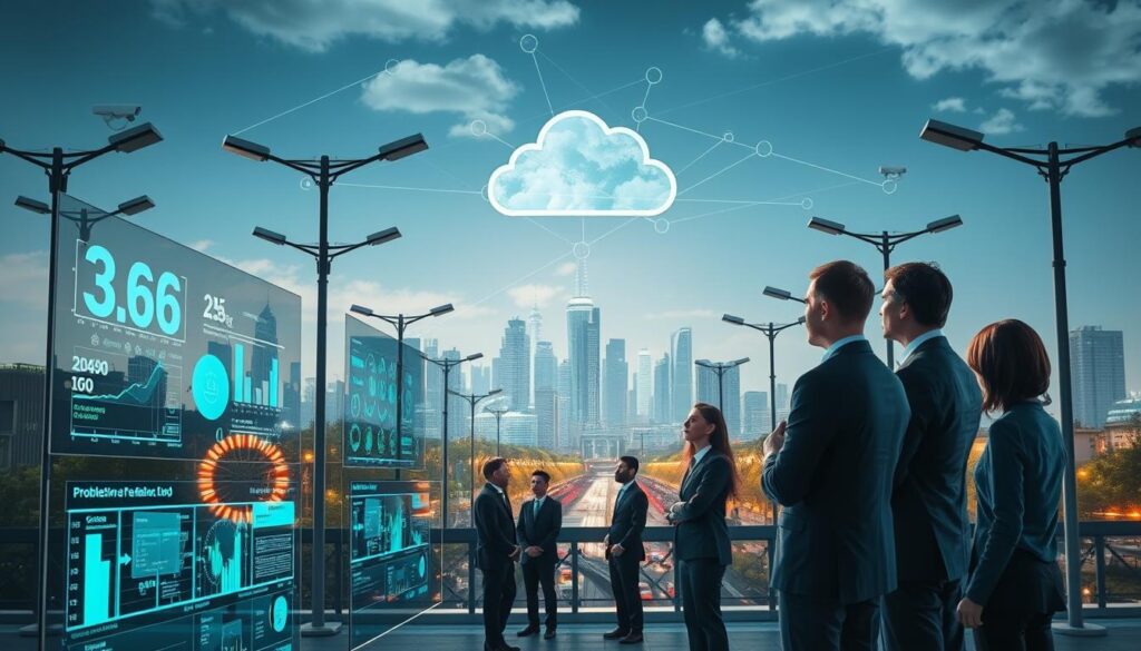 A futuristic urban landscape showcasing Edge Computing applications. In the foreground, professionals in business attire are observing real-time data visualizations on transparent screens, immersed in problem-solving discussions. The middle layer features various IoT devices like smart cameras and sensors integrated into streetlamps, transporting live data streams. In the background, a city skyline transitions into a cloud network, symbolizing a connection between edge devices and central cloud infrastructure. Bright, ambient lighting highlights the scene, creating a dynamic and innovative atmosphere. Use a wide-angle lens to capture the expansive view, with a focus on the interaction between the humans and their technology, conveying a sense of collaboration and efficiency in today's digital age.