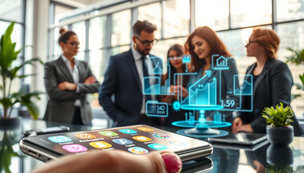 A futuristic workspace showcasing innovative mobile applications for task automation in 2026. In the foreground, a sleek smartphone displays vibrant app icons that blend augmented reality and AI features. The middle features a group of diverse professionals in business attire, collaboratively discussing app functionalities, with holographic projections of graphs and automation flows around them. In the background, a bright, modern office environment with large windows lets in natural light, highlighting greenery and tech gadgets. Soft futuristic lighting creates a vibrant and optimistic atmosphere, suggesting progress and efficiency. The angle captures both the individuals engaging and the dynamic app visuals, emphasizing collaboration and cutting-edge technology in the workplace.