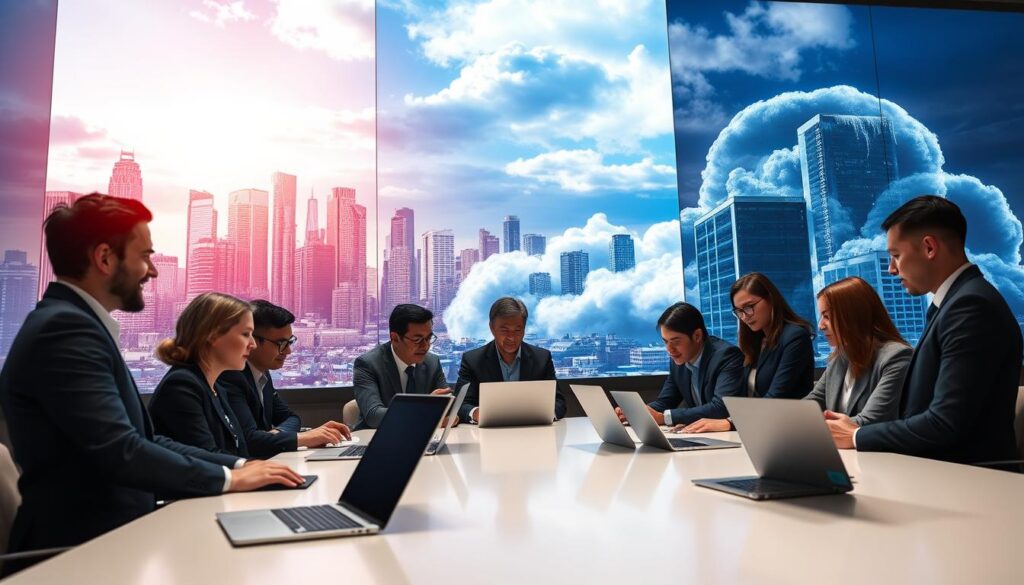 A high-tech digital landscape showcasing three distinct cloud deployment models: public, private, and hybrid. In the foreground, a professional team of diverse business people in business attire is gathered around a modern conference table, analyzing data on sleek laptops and tablets. The middle section features a vibrant, futuristic city skyline representing public cloud services, with shimmering servers and interconnected networks visible. Contrasting this, a secure facility represents private cloud with strong security features, adding a sense of solidity. In the background, a dynamic blend of both clouds showcases hybrid deployment, suggesting flexibility and innovation. Bright, ambient lighting illuminates the scene, conveying a sense of collaboration and forward-thinking in a contemporary corporate environment. The perspective is slightly elevated, providing a panoramic view of this digital ecosystem.