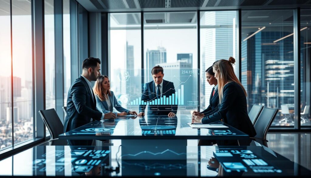 A modern corporate office scene showcasing the transformation brought by artificial intelligence in businesses. In the foreground, a diverse group of professionals in business attire collaboratively working around a high-tech conference table, analyzing data on holographic displays. In the middle, a sleek, futuristic AI interface seamlessly integrates into everyday business operations, illustrating charts and analytics in a dynamic manner. The background features a panoramic view of a bustling cityscape through large glass windows, symbolizing growth and innovation. The lighting is bright and vibrant, reflecting optimism and progress, with a slight focus on the AI interface to draw attention. The overall atmosphere is professional, forward-thinking, and inspiring, emphasizing the role of AI in shaping the future of enterprises.
