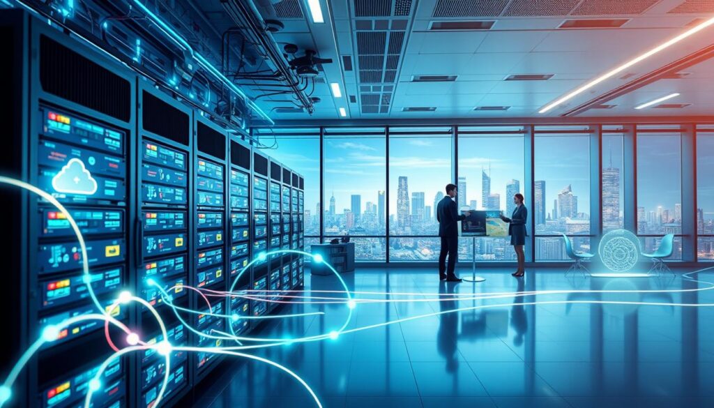 A modern data infrastructure scene featuring a hybrid cloud environment. In the foreground, sleek servers are connected to multiple digital interfaces displaying data flows, represented by vibrant lines of light symbolizing connectivity. The middle ground showcases a high-tech office space where professionals, dressed in business attire, are analyzing data on monitors with graphical representations of cloud networks and databases. In the background, a large panoramic window reveals a futuristic city skyline, emphasizing the integration of local servers with cloud technology. The lighting is bright and dynamic, with soft blue and green tones to create a sense of innovation and collaboration. The overall atmosphere is professional and forward-thinking, highlighting the synergy between local and cloud data environments.