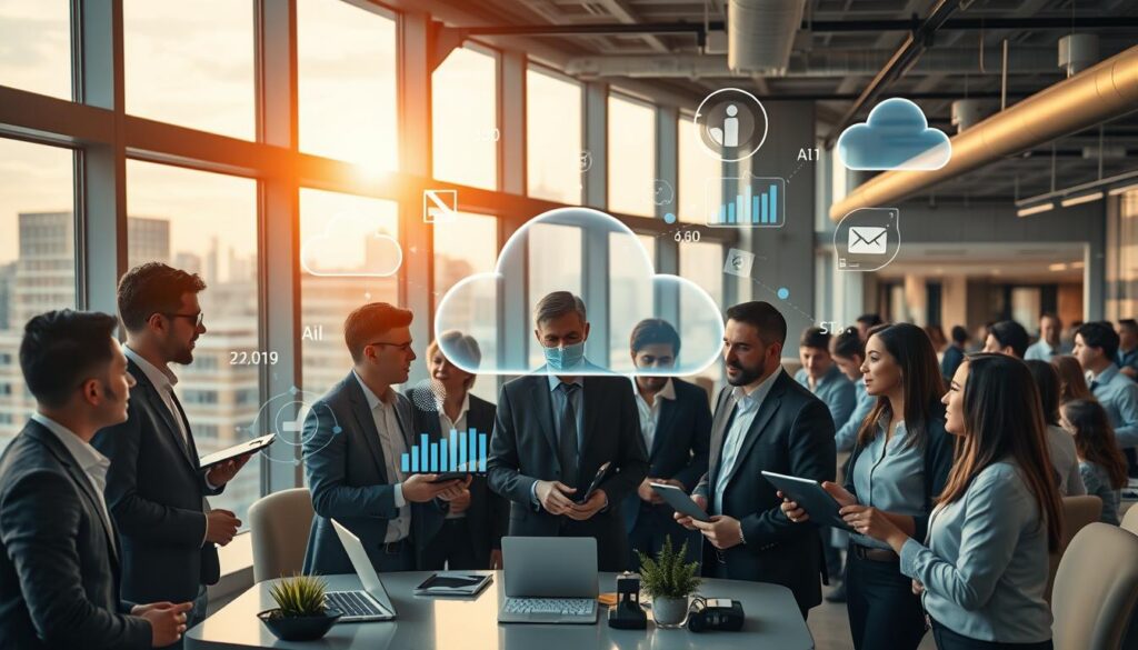 A modern, dynamic office space filled with professionals collaborating around a large, digital interface displaying various cloud computing data and analytics. In the foreground, a diverse group of business professionals in formal attire, engaged in discussions, with focused expressions. The middle ground showcases high-tech devices like laptops and tablets, surrounded by cloud icons and digital graphs symbolizing data flow. The background features large windows with a city skyline, infused with golden hour lighting to create an inspiring atmosphere. The overall mood conveys innovation and progress in business transformation through cloud computing, emphasizing a seamless blend of technology and teamwork.