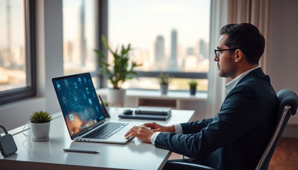 A modern home office scene highlighting remote work and cybersecurity themes. In the foreground, a focused professional in business attire sits at a sleek desk, intently working on a laptop with cybersecurity icons (like shields and locks) subtly appearing on the screen. The middle features a neatly organized workspace, with a potted plant and a few tech gadgets. In the background, a window reveals a city skyline, suggesting connectivity and a tech-savvy environment. Soft, diffused natural light floods the space, creating a warm and inviting atmosphere. A slightly blurred depth of field emphasizes the individual while maintaining an air of professionalism and digital safety. The overall mood is focused yet relaxed, embodying the balance of remote work and robust cybersecurity.