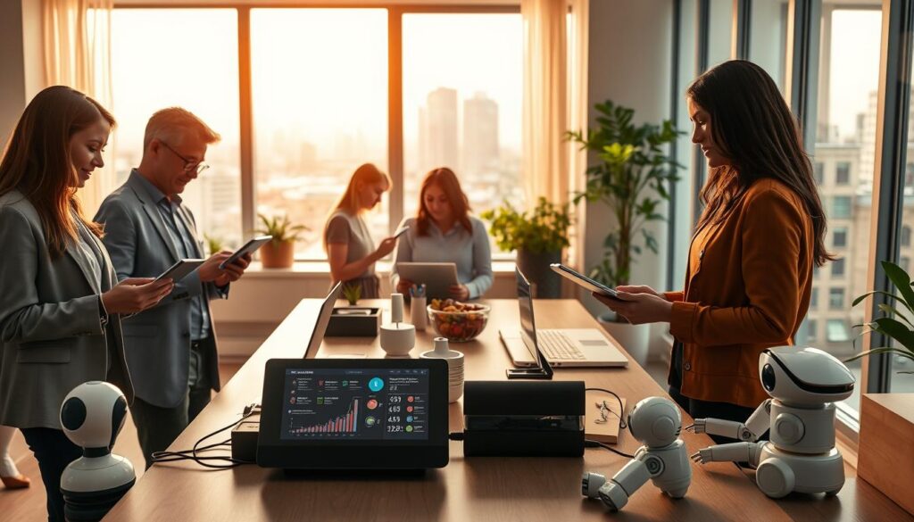 A modern home office scene showcasing the integration of artificial intelligence in daily tasks. In the foreground, a diverse group of professionals in smart casual attire is engaged in collaborative work, using sleek, high-tech devices like tablets and laptops. The middle layer features a smart home assistant on a desk, displaying graphs and data analytics, while robotic devices assist in organizing the workspace. The background reveals a large window illuminating the space with warm, natural light, offering a view of a bustling cityscape. The atmosphere is vibrant and productive, reflecting innovation and efficiency through soft, inviting colors. The composition should utilize a slightly elevated angle to capture the dynamic interaction among the individuals and technology.