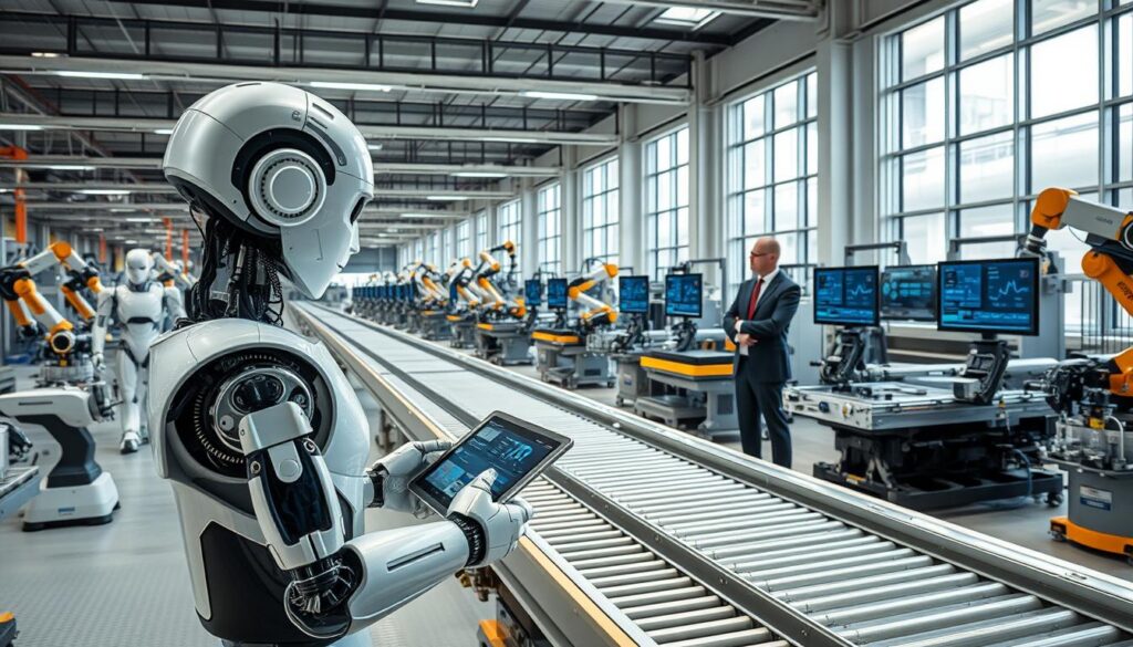 A modern industrial factory floor packed with advanced robots performing various tasks. In the foreground, a humanoid robot equipped with AI technology is analyzing data on a digital tablet, surrounded by robotic arms assembling machinery. In the middle ground, a clean and organized workspace showcases robotics-integrated conveyor belts transporting products, illuminated by bright, overhead LED lighting. Engineers in professional business attire are monitoring the workflow, observing screens that display real-time analytics. The background features large windows with natural light pouring in, emphasizing a high-tech and efficient atmosphere. Capture this scene with a wide-angle lens to show depth and perspective, highlighting the synergy between humans and machines in a futuristic industrial setting.