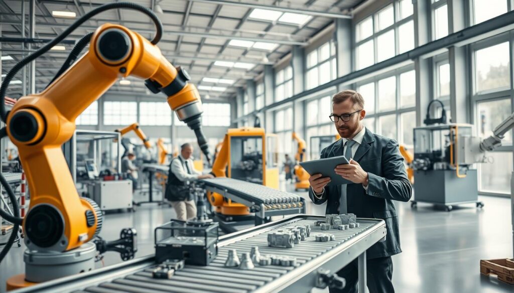 A modern industrial factory interior showcasing the benefits of robotics and automation in the workplace. In the foreground, a robotic arm is skillfully assembling parts on a conveyor belt, while an industrial worker in professional attire supervises with a tablet in hand, demonstrating collaboration between man and machine. In the middle, various automated machines and robots perform different tasks, such as packaging and quality control, all seamlessly integrated into the workflow. The background features large windows allowing natural light to flood the space, creating a bright and efficient atmosphere. Use a wide-angle lens for depth, with soft, focused lighting highlighting the technology. The overall mood should be optimistic and forward-looking, emphasizing innovation and productivity in modern industrial environments. A modern industrial factory interior showcasing the benefits of robotics and automation in the workplace. In the foreground, a robotic arm is skillfully assembling parts on a conveyor belt, while an industrial worker in professional attire supervises with a tablet in hand, demonstrating collaboration between man and machine. In the middle, various automated machines and robots perform different tasks, such as packaging and quality control, all seamlessly integrated into the workflow. The background features large windows allowing natural light to flood the space, creating a bright and efficient atmosphere. Use a wide-angle lens for depth, with soft, focused lighting highlighting the technology. The overall mood should be optimistic and forward-looking, emphasizing innovation and productivity in modern industrial environments.