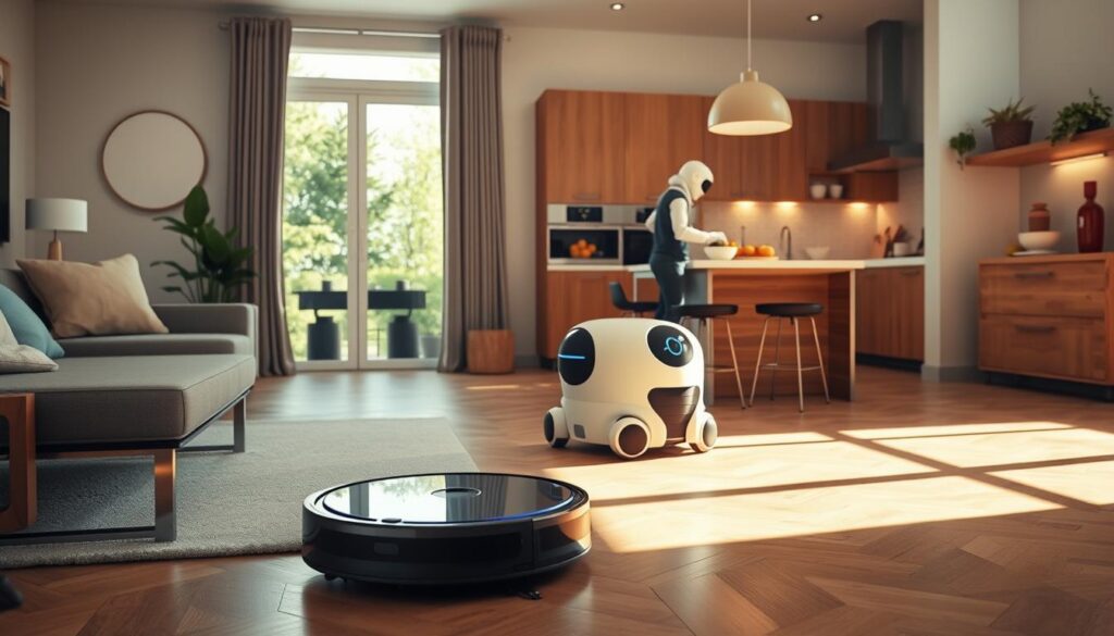 A modern living room scene featuring smart domestic robots in action. In the foreground, a sleek robotic vacuum seamlessly navigates around a stylish coffee table, while a compact, friendly-looking humanoid robot assists a person in cooking at a well-organized kitchen island. In the middle ground, a window reveals a sunny garden, enhancing the cheerful atmosphere. The background showcases smart home devices like automated lights and a digital assistant hub. Bright, natural lighting streams in from the window, creating a warm ambiance. The image should have a contemporary design feel, emphasizing efficiency and innovation in everyday life, with a focus on the interaction between humans and their smart gadgets.