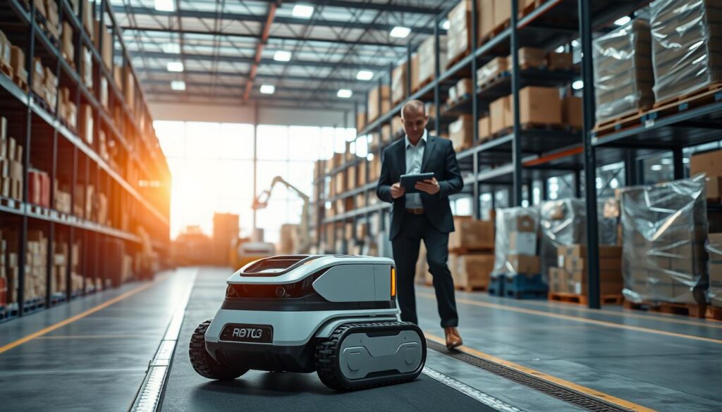 A modern logistics warehouse bustling with activity, showcasing the benefits of robotics in logistics. In the foreground, an autonomous mobile robot efficiently transporting goods on a sleek pathway, expertly navigating around strategically placed shelves filled with products. In the middle ground, a human worker in professional attire is overseeing operations and engaged in managing inventory on a digital tablet. The background features a high-tech warehouse with advanced robotic arms sorting packages, illuminated by bright, natural lighting streaming through large windows, creating an atmosphere of innovation and productivity. The image conveys a sense of efficiency, advancement, and collaboration between humans and technology.
