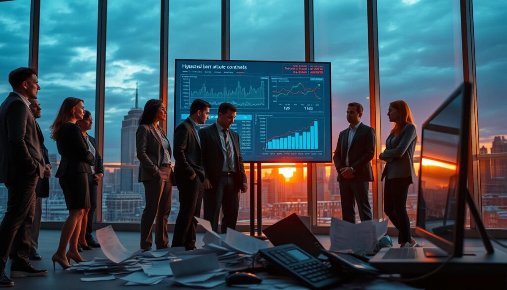 A modern office environment in the foreground, featuring a diverse group of professionals in business attire, focused on a large digital screen displaying graphs and alerts related to cybersecurity breaches. In the middle ground, show a chaotic scene with scattered papers and a broken computer, symbolizing disruption. The background should feature tall glass windows revealing a city skyline, illuminated by a dramatic sunset. Use high-contrast lighting to highlight expressions of concern on the professionals' faces, with a slight warm glow reflecting hope amidst uncertainty. Capture a mood of urgency and tension, emphasizing the impact of cyber attacks on business continuity while maintaining a professional atmosphere.