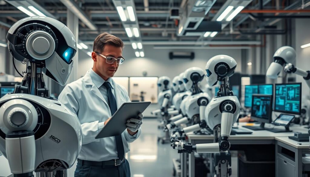 A modern robotics lab showcasing humanoid robots engaged in various tasks. In the foreground, a humanoid robot, dressed in professional attire, assists a researcher in conducting experiments, highlighting collaboration between man and machine. The middle ground features additional robots performing tasks like assembling components and analyzing data on high-tech screens. The background displays advanced machinery and robotic arms, creating a futuristic ambiance. The lighting is bright and clinical, with a focus on the robots to emphasize their capabilities. The atmosphere conveys a sense of innovation and a forward-looking perspective on the challenges and future possibilities in robotics, evoking curiosity and optimism about technological advancements.