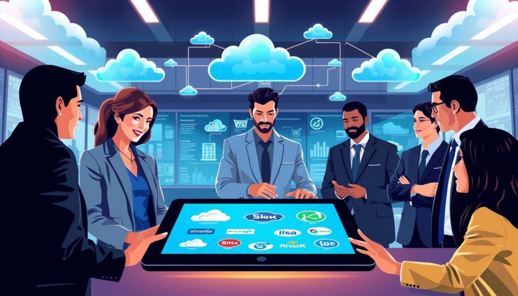 A modern, visually striking illustration depicting a multi-cloud strategy to avoid vendor lock-in. In the foreground, depict a diverse group of professionals in business attire, discussing strategies around a futuristic digital tablet showcasing various cloud provider logos. In the middle ground, illustrate a high-tech office environment with large screens displaying real-time data and cloud architecture. The background should feature stylized clouds connecting different data centers, symbolizing flexibility and control. Use bright, optimistic lighting to convey innovation and teamwork, with a focus on clarity and organization. Capture the atmosphere of collaboration and strategic planning in a modern cloud computing landscape.