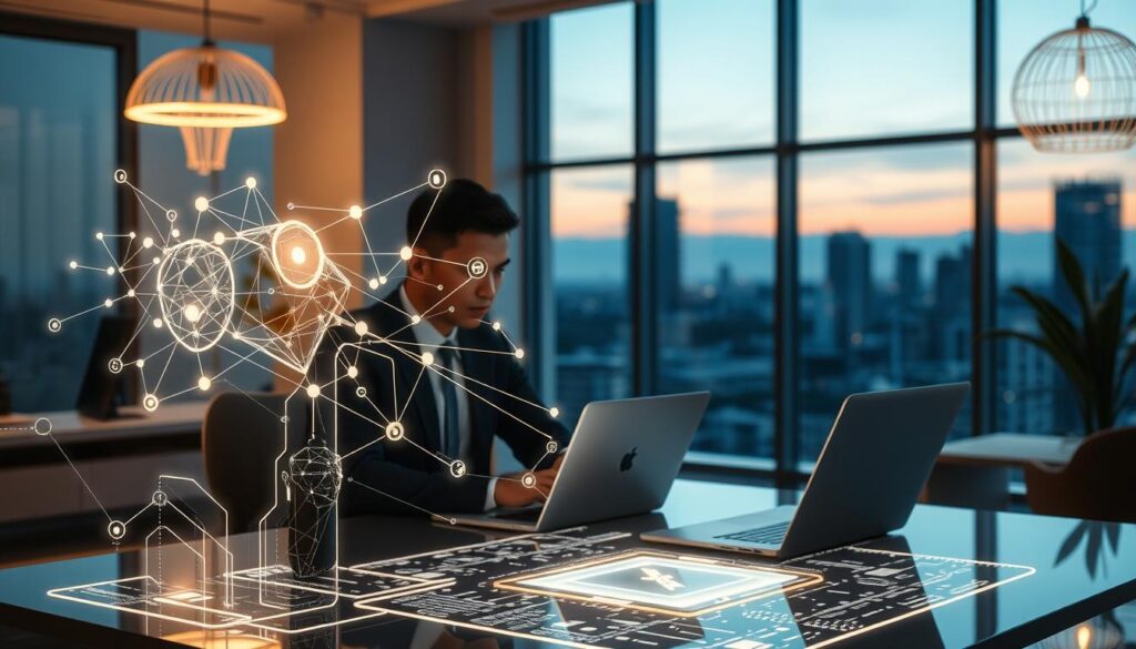 A modern workspace featuring a person in professional attire seated at a sleek desk with a laptop, intensely focused on a digital interface displaying AI algorithms. In the foreground, a glowing holographic display projects intricate network diagrams and data streams, symbolizing the processing of artificial intelligence locally. The middle ground presents a stylish, tech-inspired interior with soft, ambient lighting emanating from innovatively designed light fixtures, casting gentle shadows that suggest a sense of depth. In the background, a large window reveals a cityscape at dusk, creating a contrast between the warmth of the interior and the cool tones of the evening sky. The overall mood is one of innovation, concentration, and the challenges of integrating AI technology responsibly in everyday devices. A modern workspace featuring a person in professional attire seated at a sleek desk with a laptop, intensely focused on a digital interface displaying AI algorithms. In the foreground, a glowing holographic display projects intricate network diagrams and data streams, symbolizing the processing of artificial intelligence locally. The middle ground presents a stylish, tech-inspired interior with soft, ambient lighting emanating from innovatively designed light fixtures, casting gentle shadows that suggest a sense of depth. In the background, a large window reveals a cityscape at dusk, creating a contrast between the warmth of the interior and the cool tones of the evening sky. The overall mood is one of innovation, concentration, and the challenges of integrating AI technology responsibly in everyday devices.