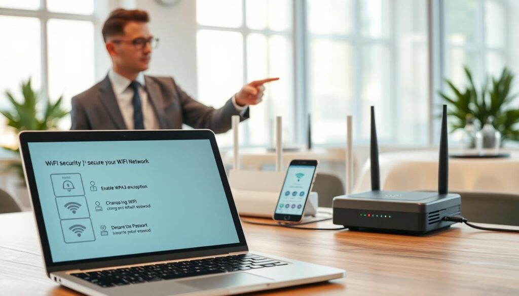 A modern workspace featuring practical tips for securing a Wi-Fi network. In the foreground, a sleek laptop displays a digital checklist of Wi-Fi security practices such as enabling WPA3 encryption and changing the default password. To the left, a knowledgeable IT professional in smart business attire is pointing towards a diagram illustrating network security steps. In the middle, a stylish office setup includes a Wi-Fi router with LED status lights, and a smartphone showing a security app interface. The background features a bright, airy office space with soft, natural lighting filtering through large windows, creating an inviting atmosphere. Overall, the image conveys a sense of professionalism and security, perfect for an informative article section.