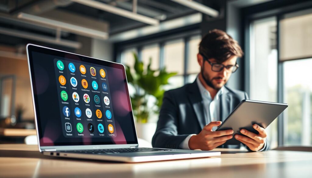 A modern workspace with a sleek laptop displaying a grid of AI app icons on the screen, showcasing a variety of innovative features. In the foreground, a professional individual, dressed in business attire, thoughtfully examining an app on a tablet, emphasizing the process of selection. The middle layer includes a blurred background of a contemporary office setting with large windows letting in soft natural light, creating a warm and inviting atmosphere. A potted plant adds a touch of greenery to the scene, enhancing the feeling of productivity. The overall mood is focused and inspiring, highlighting the intelligent integration of technology into everyday life. Use a wide-angle lens effect to capture depth, and ensure the lighting is bright yet soft to maintain a professional vibe.