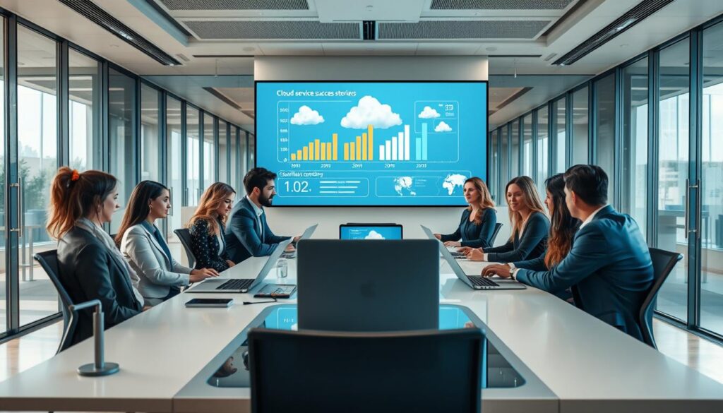 A professional office environment showcasing a successful cloud computing scenario. In the foreground, a diverse team of business professionals (wearing business attire) collaborates around a modern conference table with laptops and digital devices displaying cloud-based applications. The middle ground features a large screen projecting graphs and metrics illustrating cloud service success stories. In the background, a sleek modern office with glass walls allows natural light to flood in, creating an inviting atmosphere. The lighting is bright and neutral, emphasizing a sense of innovation and achievement. The overall mood is dynamic and forward-thinking, reflecting the success and real-world impact of serverless computing in business applications. A professional office environment showcasing a successful cloud computing scenario. In the foreground, a diverse team of business professionals (wearing business attire) collaborates around a modern conference table with laptops and digital devices displaying cloud-based applications. The middle ground features a large screen projecting graphs and metrics illustrating cloud service success stories. In the background, a sleek modern office with glass walls allows natural light to flood in, creating an inviting atmosphere. The lighting is bright and neutral, emphasizing a sense of innovation and achievement. The overall mood is dynamic and forward-thinking, reflecting the success and real-world impact of serverless computing in business applications.