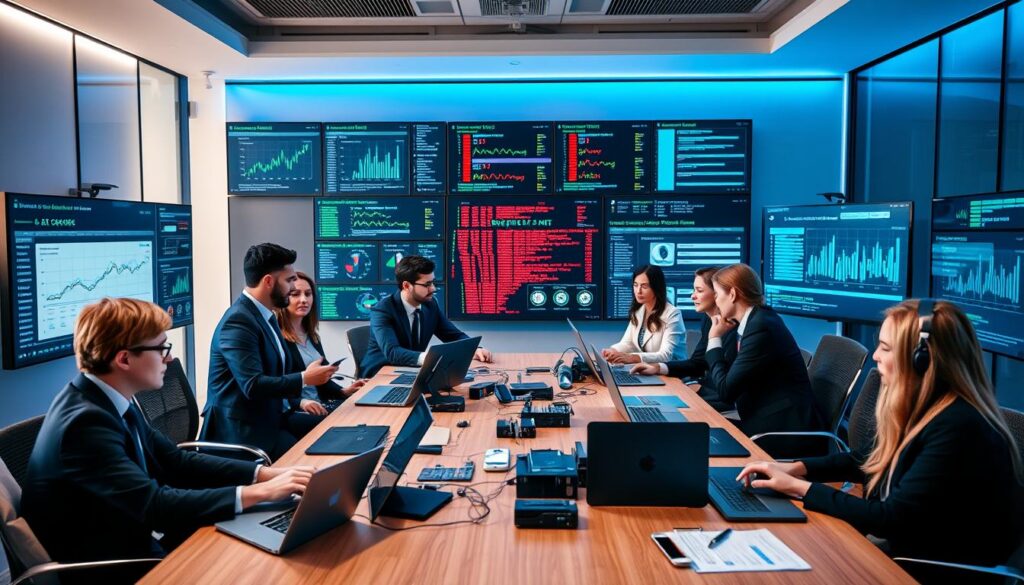 A professional office environment that reflects cybersecurity risk management. In the foreground, a diverse group of individuals in business attire, focused on analyzing data on large screens displaying graphs and incident reports. In the middle, a modern conference table scattered with cybersecurity tools—laptops, tablets, and digital security devices. In the background, a wall with security monitors showcasing alerts and network activity in real-time, bathed in soft blue lighting for a high-tech feel. The atmosphere is intense yet collaborative, with expressions of concentration and determination among the team. Capture at a slight angle to emphasize the collaborative approach, highlighting the importance of proactive measures in preventing cyber threats.