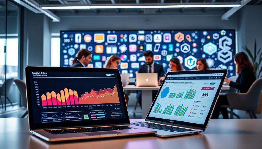 A sleek, modern office workspace showcasing current mobile app trends and market data. In the foreground, a stylish laptop displays graphs and charts reflecting app usage statistics, with colorful visualizations of user demographics and growth projections. In the middle ground, a diverse group of professionals in business attire collaborate around a table, discussing insights from their laptops and tablets. The background features a large digital screen with the latest mobile app icons and innovative AI graphics, creating a vibrant and dynamic atmosphere. Soft, natural lighting filters through large windows, enhancing the focus on teamwork and innovation. The overall mood is professional, forward-thinking, and tech-savvy, embodying the essence of the current mobile landscape.