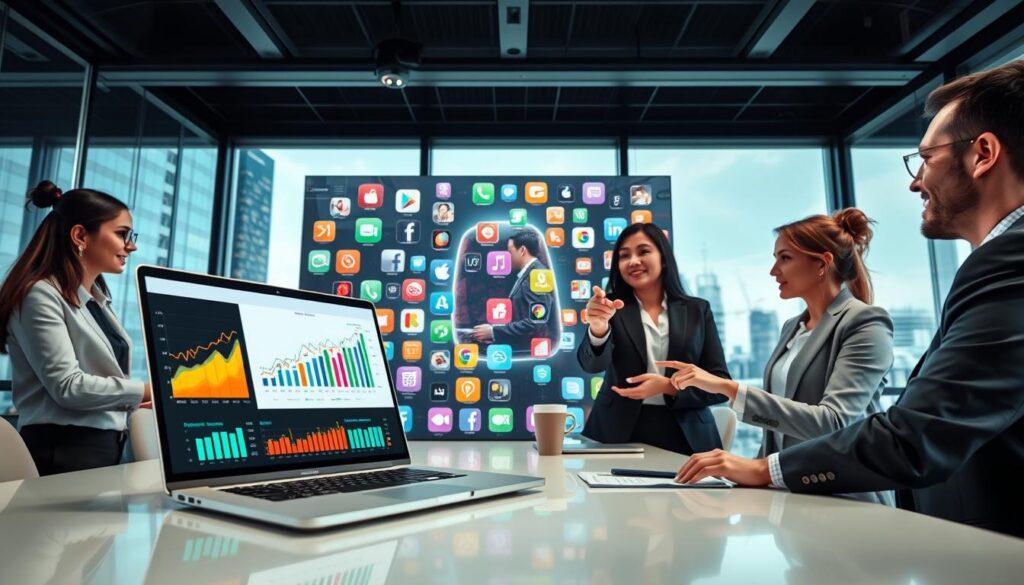 A sleek, modern workspace featuring a high-tech laptop displaying vibrant graphs and charts illustrating app download trends. In the foreground, a diverse group of professionals, dressed in smart business attire, engage in discussion, pointing at the screen with expressions of curiosity and insight. In the middle ground, a large digital display shows colorful icons of various mobile applications, symbolizing multimodal interaction, such as voice and image recognition. The background encompasses a dynamic cityscape through large windows, with soft, natural lighting that streams in, creating a productive, innovative atmosphere. Capture this scene with a focus on depth, using a wide-angle lens to emphasize both the human interaction and the technology at play, conveying a sense of excitement and forward-thinking in the app industry.