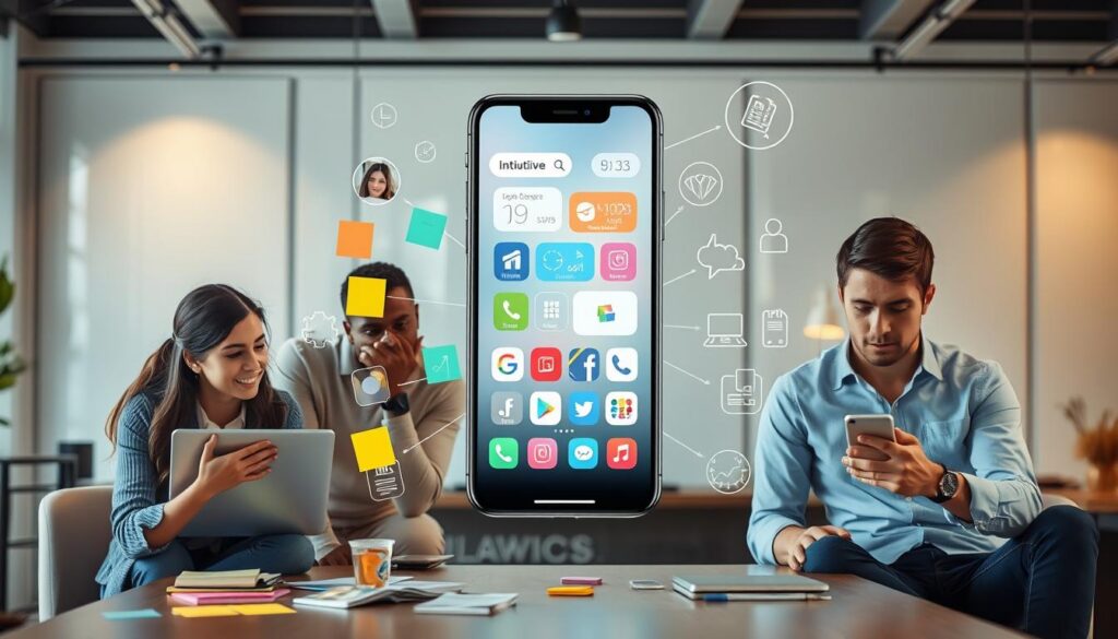 A split-image concept illustrating the benefits and challenges of mobile applications for beginners. In the foreground, a diverse group of three individuals (one young woman with a laptop, one middle-aged man using a tablet, and a young man with a smartphone) is engaged in collaborative brainstorming, surrounded by colorful sticky notes and digital icons representing various app features. The middle layer showcases a large, glowing smartphone displaying intuitive app interfaces, like health tracking, budgeting, and social networking. In the background, a modern office environment with soft, warm lighting exudes a professional yet inviting atmosphere. The scene conveys a sense of innovation and teamwork, highlighting both the ease of access and potential complexities new users face with technology.