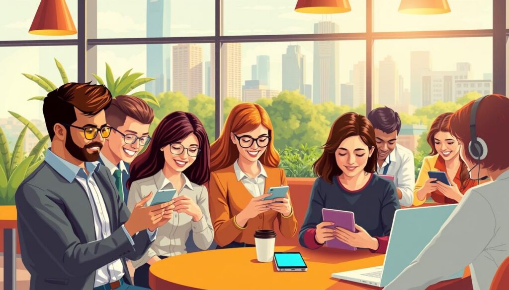 A vibrant and engaging illustration showcasing various offline applications in a modern context. In the foreground, display a diverse group of people using mobile devices and tablets without internet connectivity, dressed in professional attire and modest casual clothing. The middle ground features a cozy café setting with laptops and smartphones on tables, emphasizing the interaction with technology. In the background, depict a cityscape with tall buildings and greenery to convey a dynamic urban environment. Use warm, inviting lighting to enhance the atmosphere and create a sense of community. Capture the scene from a slightly elevated angle, focusing on the expressions of concentration and satisfaction on the users' faces, highlighting the significance of offline technology in daily life.