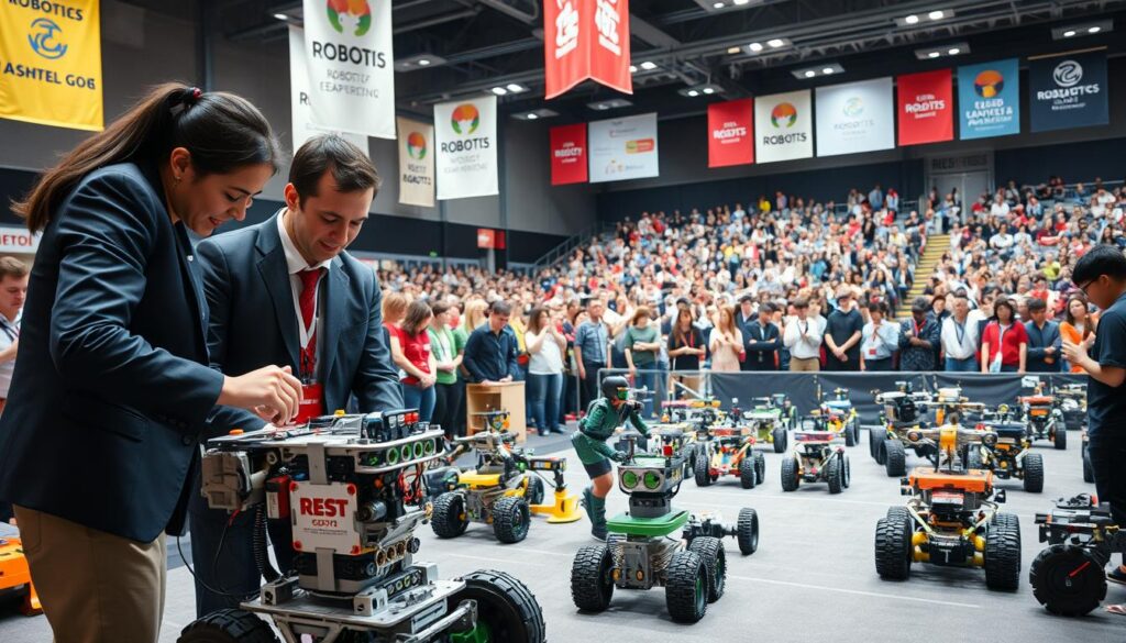 A vibrant robotics competition scene showcasing diverse teams of engineers and students collaborating and interacting with their innovative robots. In the foreground, two participants, dressed in professional business attire, are focused on adjusting their robot as it prepares for a challenge. In the middle ground, various robotic creations compete in a dynamic arena filled with obstacles, showcasing a mix of high-tech designs and creative engineering. The background features an enthusiastic crowd of spectators, filled with anticipation, with banners of different robotics organizations hanging overhead. The atmosphere is electric, highlighting teamwork and technological advancement. Soft, bright lighting illuminates the scene, creating a sense of excitement and innovation. The camera angle is slightly elevated, capturing the action and energy of the event without any text or distractions.