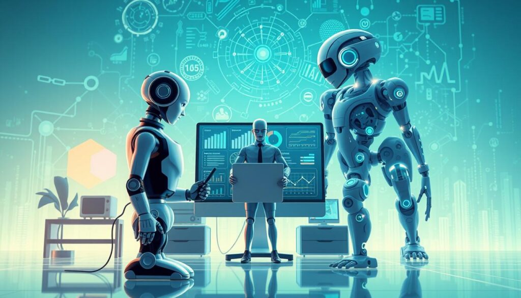 A visually engaging illustration of "Types of Artificial Intelligence" featuring three distinct AI types: narrow, general, and superintelligent AI. In the foreground, depict narrow AI represented as a robot interacting with a smart home device, showcasing its application in daily life. The middle ground should feature general AI symbolized by a humanoid figure, analyzing data on a computer screen, surrounded by charts and graphs representing various industries such as healthcare and finance. In the background, create a towering figure symbolizing superintelligent AI, surrounded by abstract representations of neural networks and data streams. Employ bright, futuristic lighting with a soft blue and green color palette to convey advanced technology, emphasizing an atmosphere of innovation and possibility. Use a slightly angled perspective to create depth, making the scene dynamic and engaging.