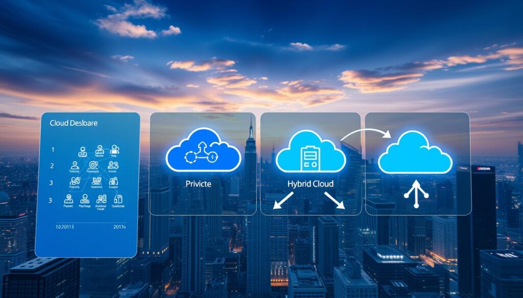 A visually engaging illustration of cloud deployment models, showcasing public, private, hybrid, and multi-cloud architectures. In the foreground, a sleek digital dashboard displaying interconnected cloud icons and data flow visuals. The middle layer features stylized representations of each cloud model: vibrant public cloud with diverse user access, secure private cloud surrounded by a protective firewall, flexible hybrid cloud integrating both, and a dynamic multi-cloud environment with arrows indicating movement among platforms. In the background, a futuristic city skyline under a digitally rendered sky, symbolizing technological advancement. The lighting is bright and professional, with a focus on clarity to evoke innovation and collaboration in the field of cloud computing. The atmosphere is inspiring and forward-thinking, emphasizing the transformative power of cloud technology. A visually engaging illustration of cloud deployment models, showcasing public, private, hybrid, and multi-cloud architectures. In the foreground, a sleek digital dashboard displaying interconnected cloud icons and data flow visuals. The middle layer features stylized representations of each cloud model: vibrant public cloud with diverse user access, secure private cloud surrounded by a protective firewall, flexible hybrid cloud integrating both, and a dynamic multi-cloud environment with arrows indicating movement among platforms. In the background, a futuristic city skyline under a digitally rendered sky, symbolizing technological advancement. The lighting is bright and professional, with a focus on clarity to evoke innovation and collaboration in the field of cloud computing. The atmosphere is inspiring and forward-thinking, emphasizing the transformative power of cloud technology.