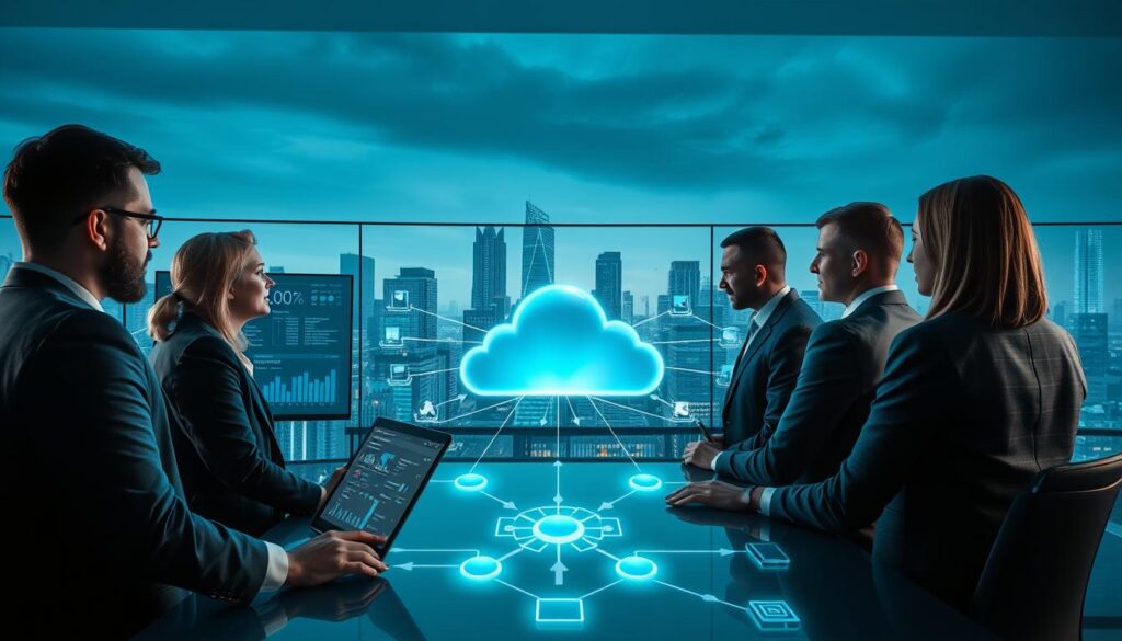 A visually striking representation of "Impact of Scalability and Elasticity in Cloud Computing." In the foreground, show a diverse team of professionals, dressed in business attire, analyzing data on multiple screens displaying fluctuating metrics and cloud infrastructure diagrams. In the middle ground, illustrate a dynamic cloud network with interconnected nodes, symbolizing scalability and elasticity, with arrows indicating growth and contraction. The background features a futuristic city skyline, enveloped in soft blue and green hues, suggesting innovation and technology. Use dramatic lighting to emphasize the central figures, with a cool, professional atmosphere that conveys a sense of advanced computing and strategic planning. The angle should be slightly elevated, giving a panoramic view of both the team and the cloud network.